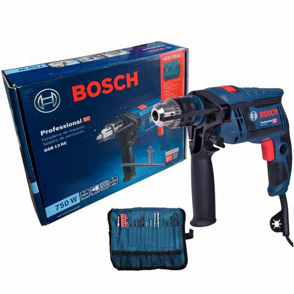Furadeira Elétrica 13MM 1/2 GSB13-RE 750W Kit Com 23P Bosch