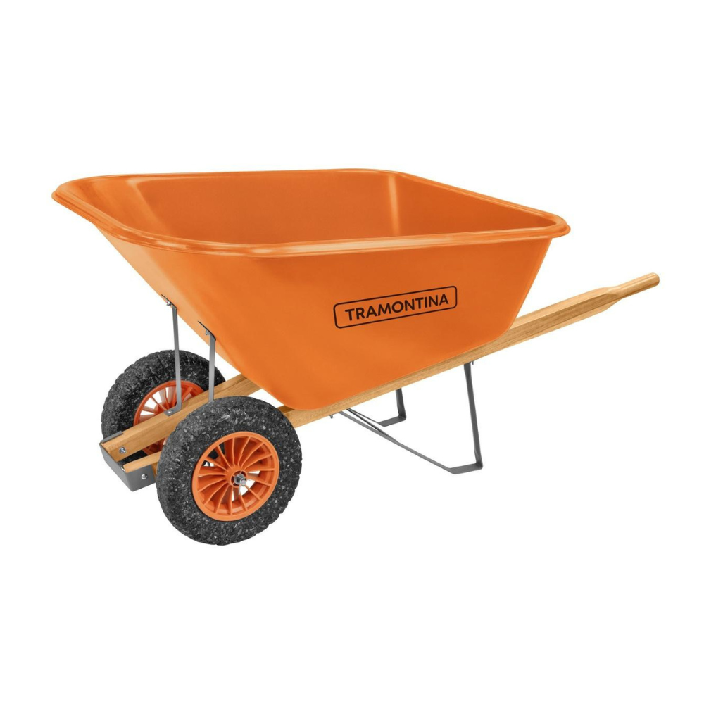 Carro de Mão Tramontina 200L Plástico com Chassi de Madeira e Pneu Duplo Maciço Laranja