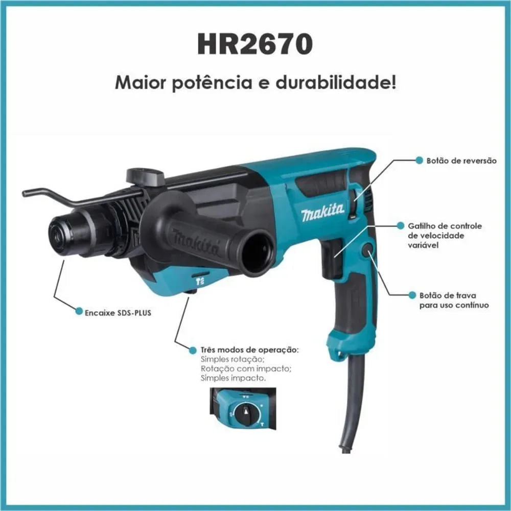 Makita HR2670 Martelete Perfurador e Rompedor SDS Plus 800W 220V 26mm com Maleta